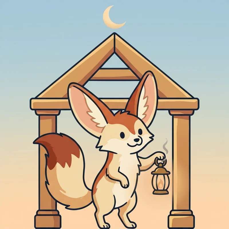 Aery the fennec fox standing under the Aermia archway, holding a lantern